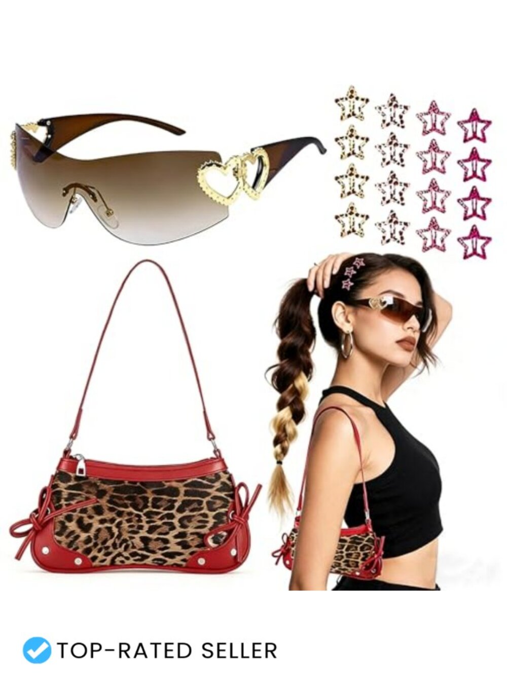 18PC Y2K Accessory Set Faux Leather Shoulder Bag Sunglasses Hair Clips